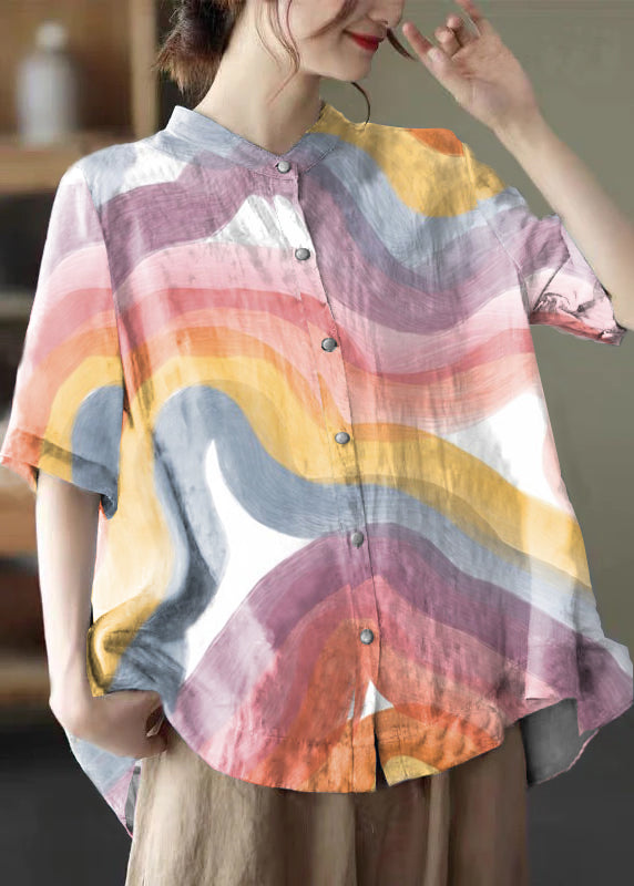 Colorful Geometry Stand Collar Print Tops Half Sleeve