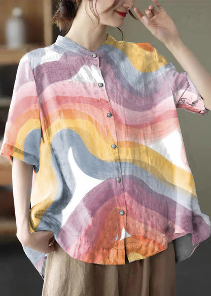 Blue Stand Collar Print Tops Half Sleeve