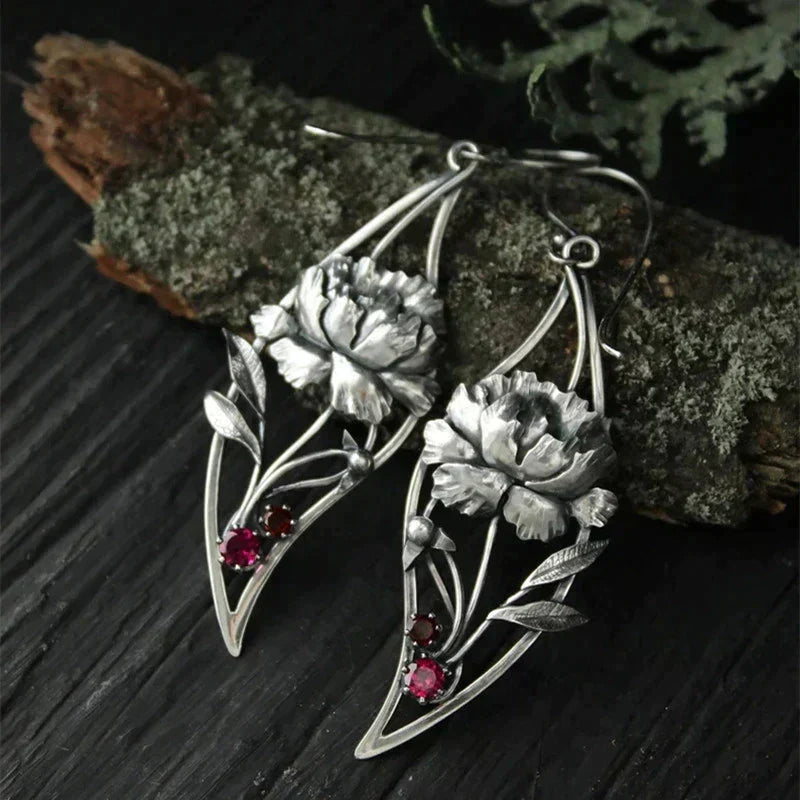 Boho Floral Earrings With Crystals In Sterling Silver