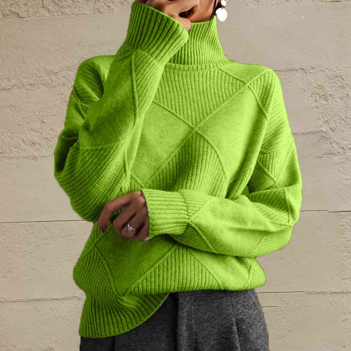 CD | Pulover chic cu guler tip broască țestoasă din tricot geometric