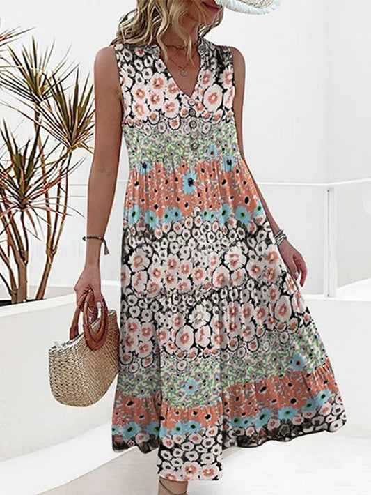 CD | Rochie Boho Floral Maxi fără mâneci