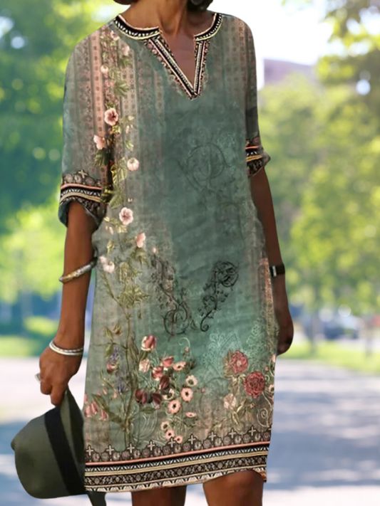 CD | Rochie midi verde cu decolteu în V și model floral