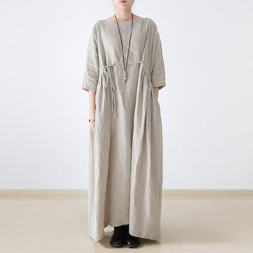 Autumn Nude Natural Linen Caftans Linen Dresses Drawstring Waist Design Flattering Dress