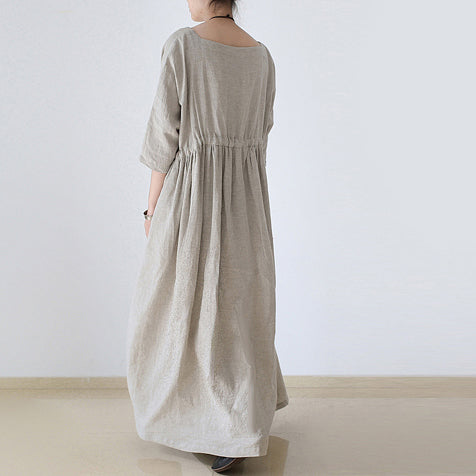 Autumn Nude Natural Linen Caftans Linen Dresses Drawstring Waist Design Flattering Dress