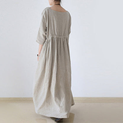Autumn Nude Natural Linen Caftans Linen Dresses Drawstring Waist Design Flattering Dress