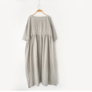 Autumn Nude Natural Linen Caftans Linen Dresses Drawstring Waist Design Flattering Dress