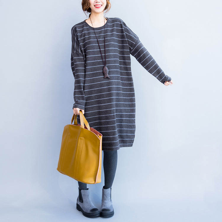 Autumn Gray Knit Dresses Striped Sweater Dress