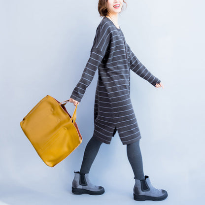 Autumn Gray Knit Dresses Striped Sweater Dress