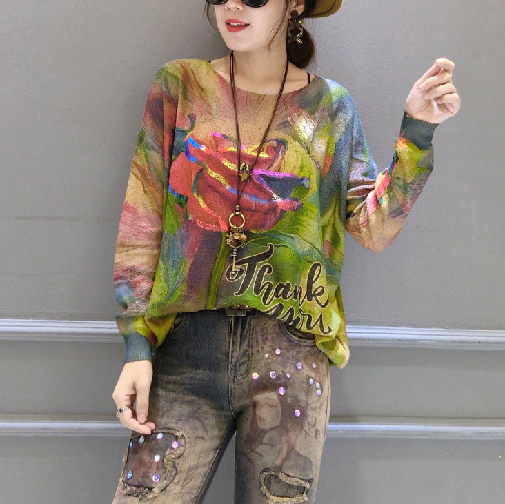 Autumn New Roses Prints Cotton Knit Tops Lon Sleeve Sweater