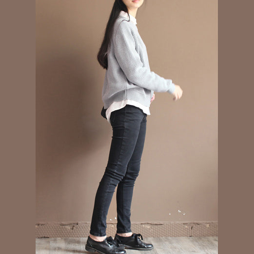 Fall Gray Cotton Knit Tops Oversize Batwing Sleeve Sweater Pullover