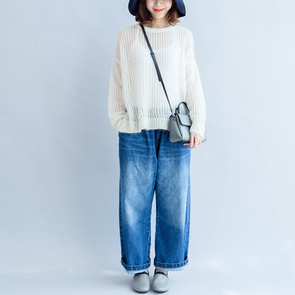 Fall White Hollow Out Cotton Knit Tops Long Sleeve Sweaters Side Open