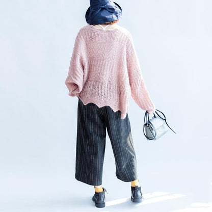 Cotton Knit Tops Ruffles Oversize V Neck Sweaters