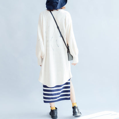 New Beige Hollow Out Cotton Cardigan Big Lantern Sleeve Knit Outwear