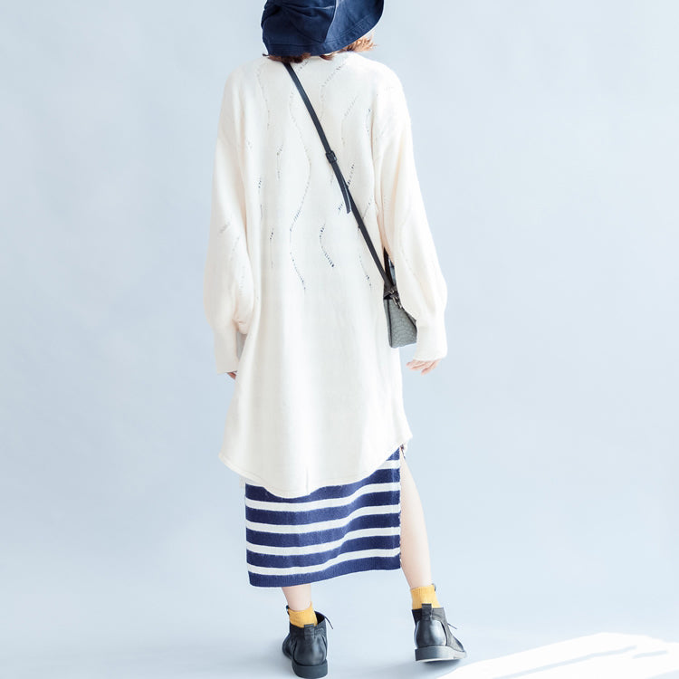 New Beige Hollow Out Cotton Cardigan Big Lantern Sleeve Knit Outwear