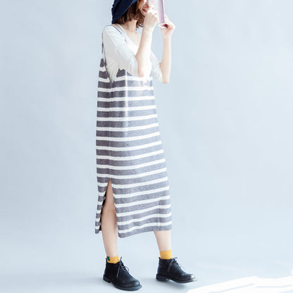 New Gray White Striped Sweater Sleeveless Dresses Loose Dress Side Open