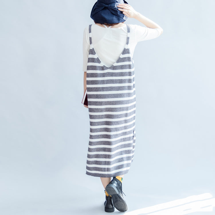 New Gray White Striped Sweater Sleeveless Dresses Loose Dress Side Open