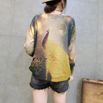 New Gold Phoenix Prints Cotton Knit Tops Long Sleeve Sweater Pullover