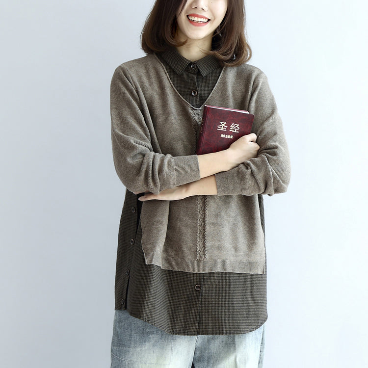 New Khaki Grid Knit Tops Fine Long Sleeve Pullover False Two Pieces
