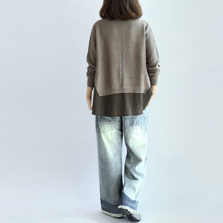 New Khaki Grid Knit Tops Fine Long Sleeve Pullover False Two Pieces