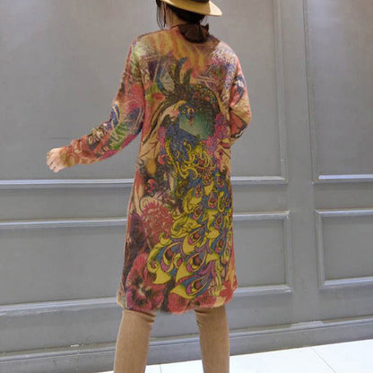 Elastic Woolen Sweater Dresses Loose Phoenix Print Cozy Knit Dress