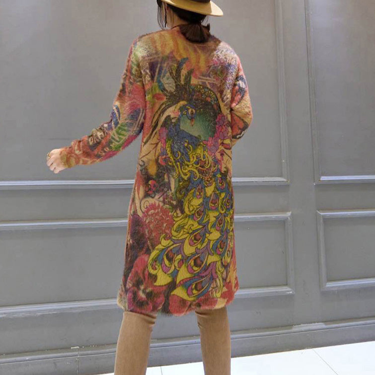 Elastic Woolen Sweater Dresses Loose Phoenix Print Cozy Knit Dress