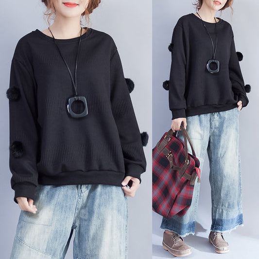 Winter Black Fuzzy Ball Decorated Woolen Sweater O Neck Knit Tops