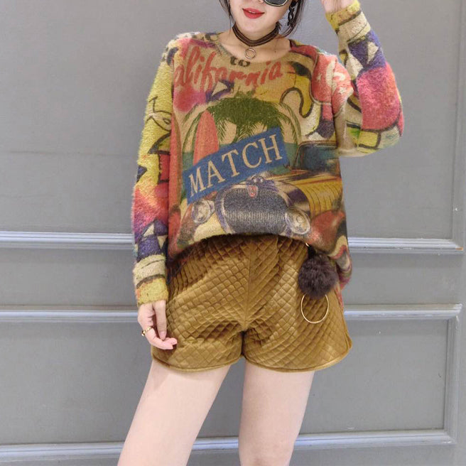 Winter O Neck Alphabet Print Cotton Sweater Tops Ovresize Long Sleeve Knit Pullover