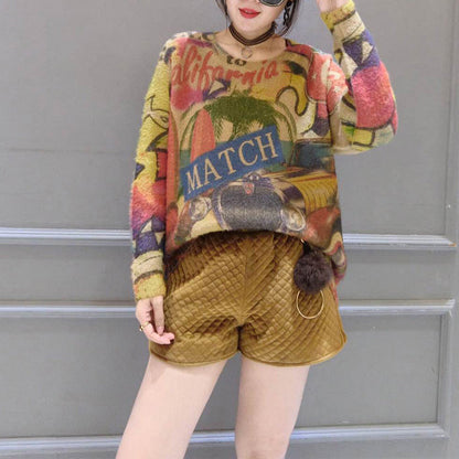 Winter O Neck Alphabet Print Cotton Sweater Tops Ovresize Long Sleeve Knit Pullover