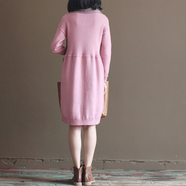 Winter Pink Rabbit Woolen Blended Sweater Dresses Loose Knit Dress