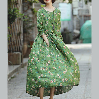 Green Print Natural Linen Dress Loose Fitting O Neck Linen Clothing Dresses Three Quarter Sleeve Baggy Dresses