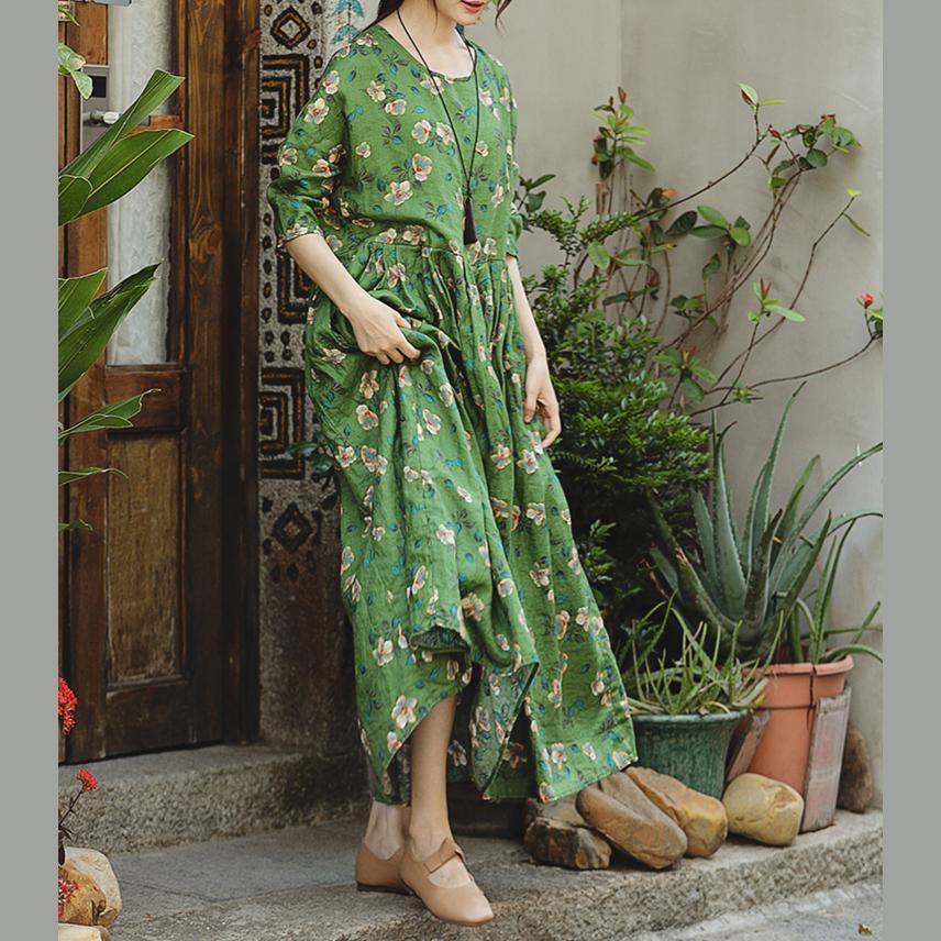 Green Print Natural Linen Dress Loose Fitting O Neck Linen Clothing Dresses Three Quarter Sleeve Baggy Dresses