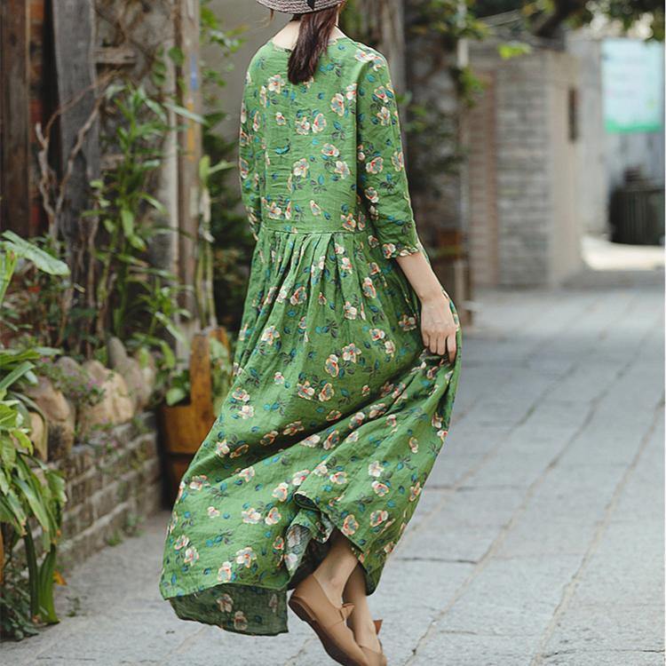 Green Print Natural Linen Dress Loose Fitting O Neck Linen Clothing Dresses Three Quarter Sleeve Baggy Dresses