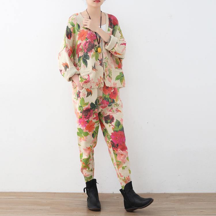 Spring New Roses Prints Sweater and Knit Harem Pants Two Pieces