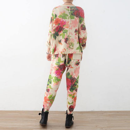 Spring New Roses Prints Sweater and Knit Harem Pants Two Pieces