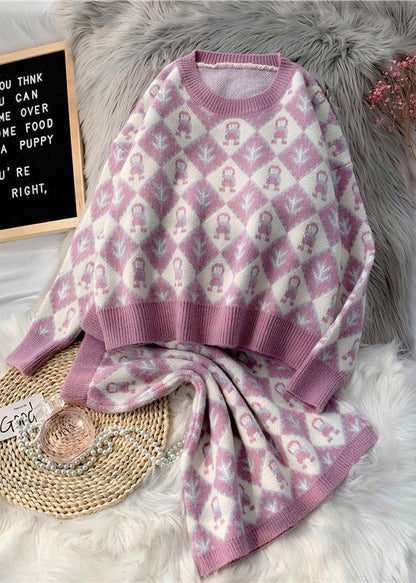Autumn and Winter New Temperament Cartoon Pattern Sweater Set Round Neck Sweater Half Skirt Two-piece Set