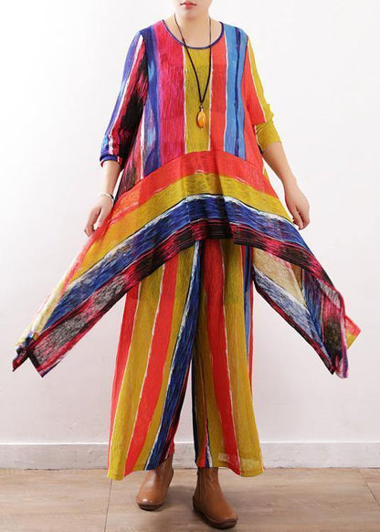 Spring Patchwork Color Striped Two Pieces Asymmetric Hem Tops and Elastic Waist Wide Leg Pants