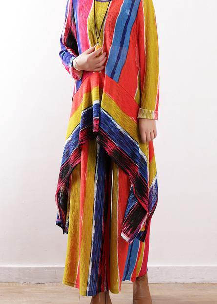 Spring Patchwork Color Striped Two Pieces Asymmetric Hem Tops and Elastic Waist Wide Leg Pants