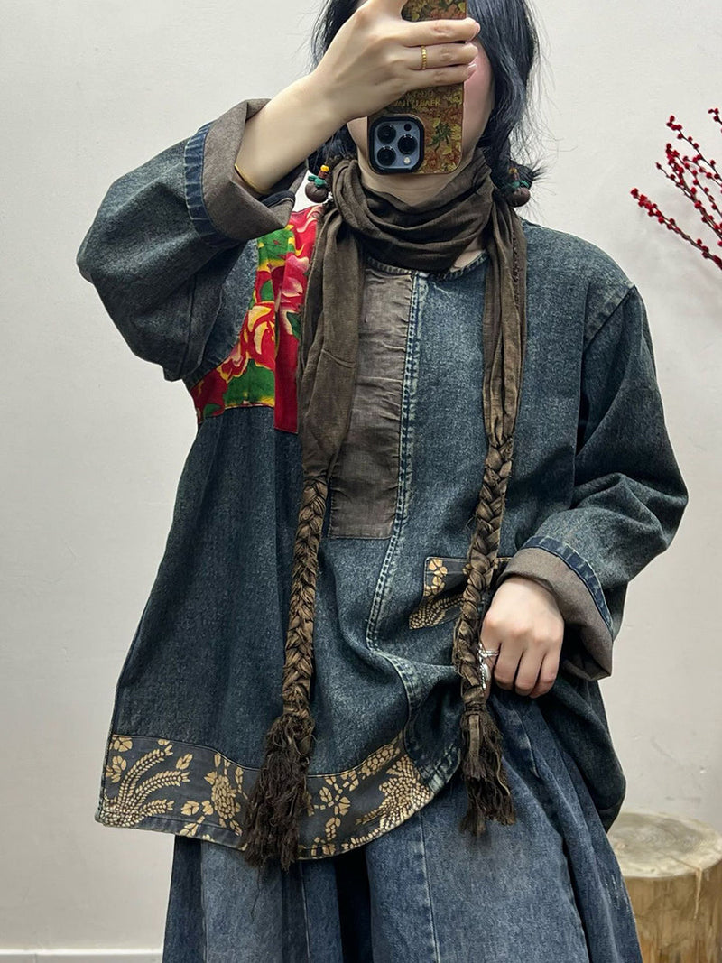 Spring Retro Patchwork Loose Denim Shirt