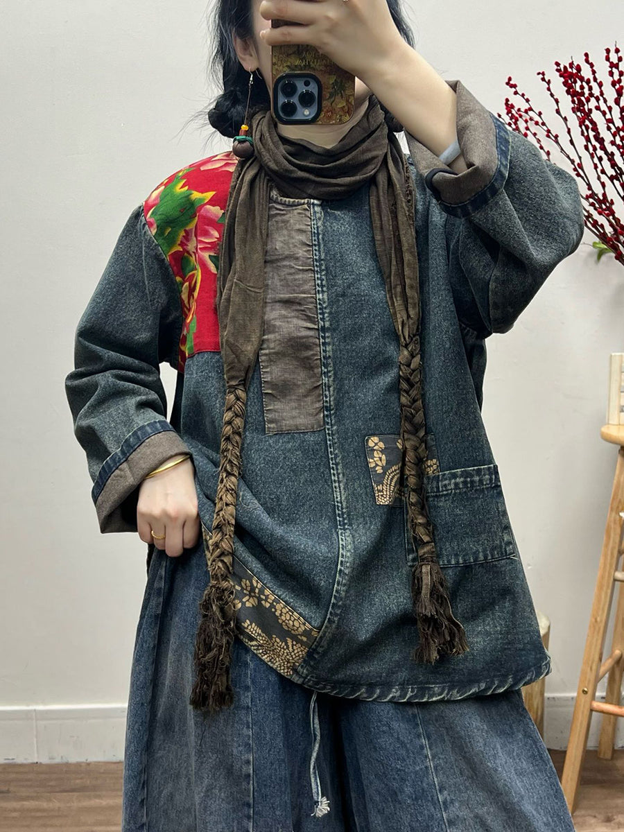 Spring Retro Patchwork Loose Denim Shirt