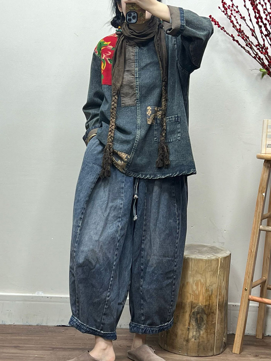 Spring Retro Patchwork Loose Denim Shirt