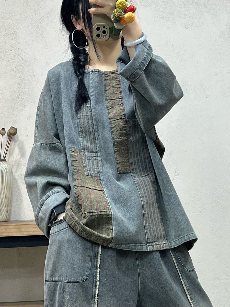 Spring Retro Spliced Denim Loose Shirt