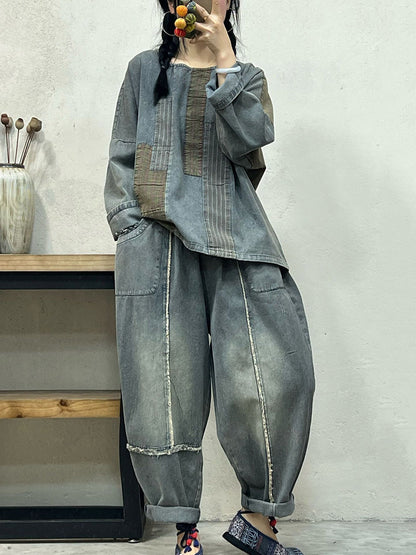 Spring Retro Spliced Denim Loose Shirt