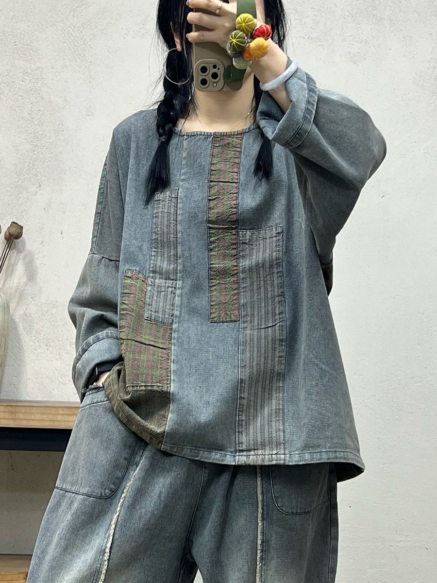 Spring Retro Spliced Denim Loose Shirt