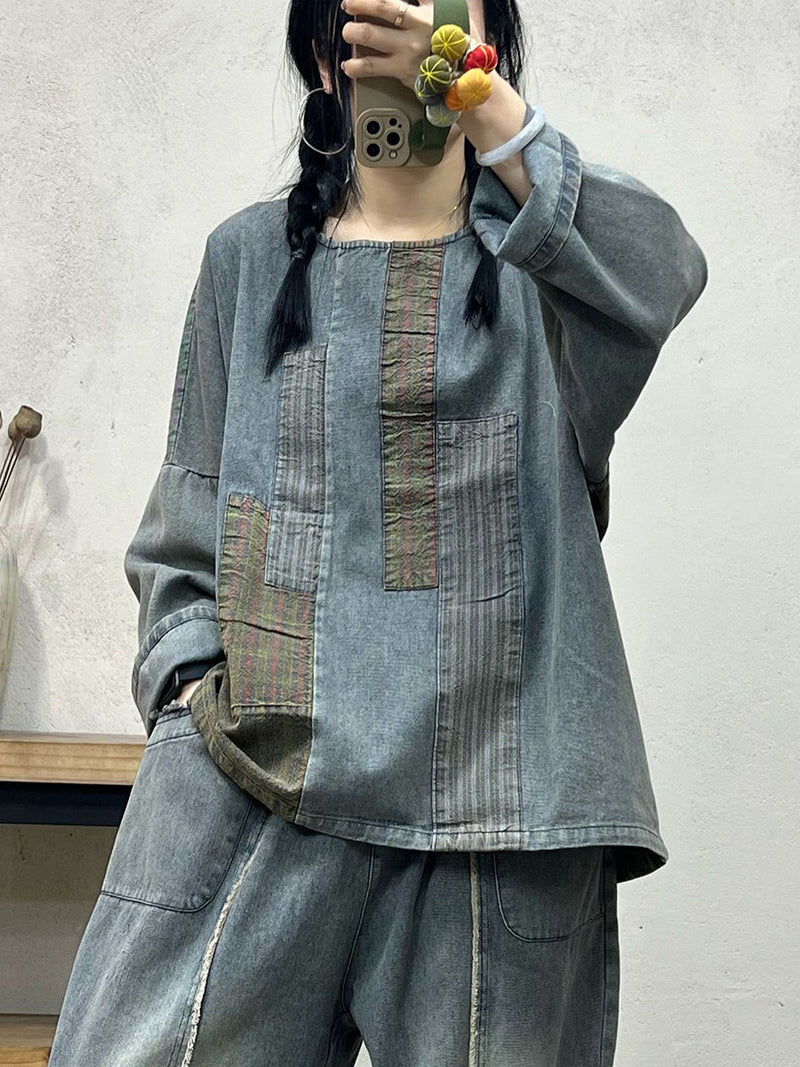 Spring Retro Spliced Denim Loose Shirt
