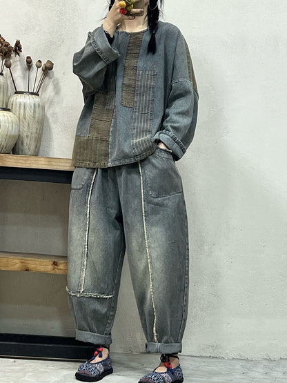 Spring Retro Spliced Denim Loose Shirt