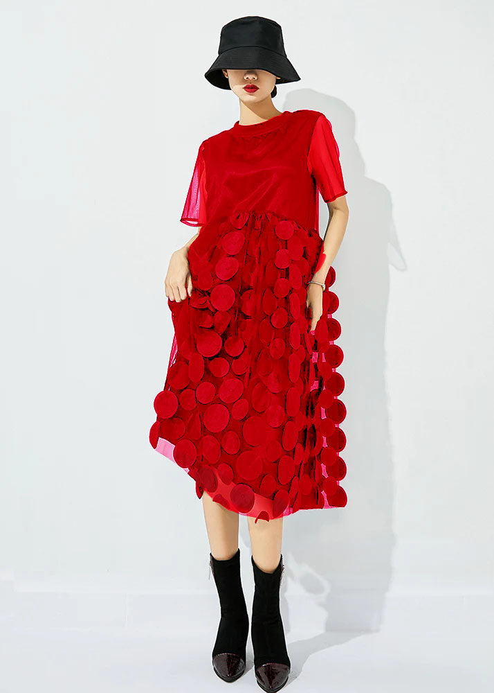 Red O-neck Patchwork Dot Tulle Holiday Dress Summer