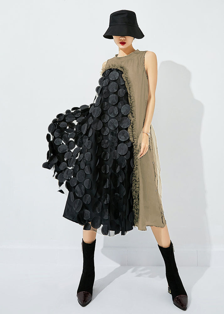 Khaki Asymmetrical Patchwork Wrinkled Tulle Maxi Dress Sleeveless