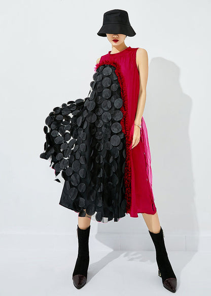 Tea Green-black Dot Asymmetrical Patchwork Wrinkled Tulle Maxi Dress Sleeveless
