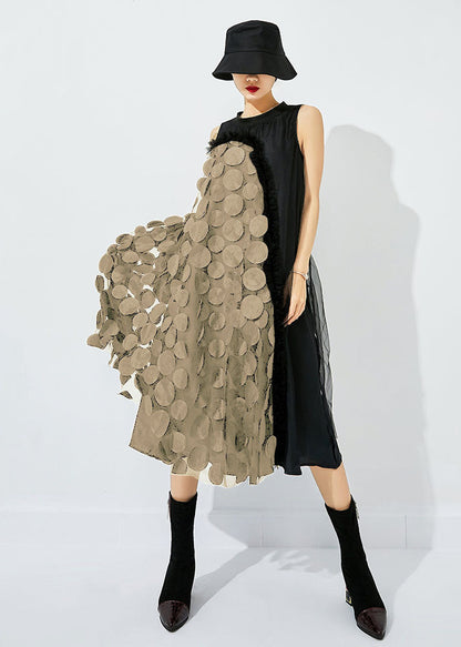 Black Asymmetrical Patchwork Wrinkled Tulle Maxi Dress Sleeveless