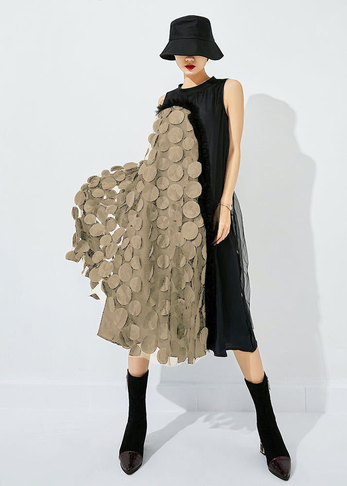 Tea Green-black Dot Asymmetrical Patchwork Wrinkled Tulle Maxi Dress Sleeveless